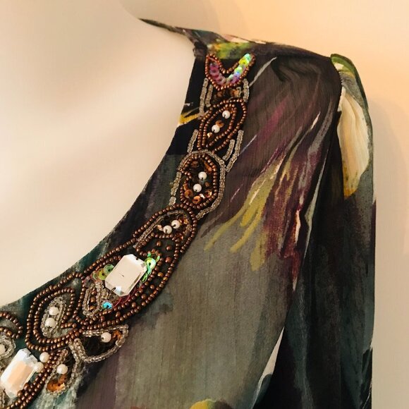 Mushka by Sienna Boho Tunic Rose Sheer Flowy Beaded Top Shirt Watercolor Print M - Picture 6 of 16